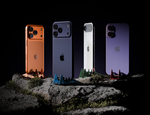 Apple iPhone 17, air , 17 pro, 17 pro max and Geometrical Pocket Tripod PROv2 in various colors on rocky terrain