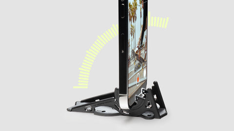 iPhone held up by the Pocket Tripod mobile phone stand with and angle indicator depicting the Pocket Tripod's ability to adjust the angle of your phone.