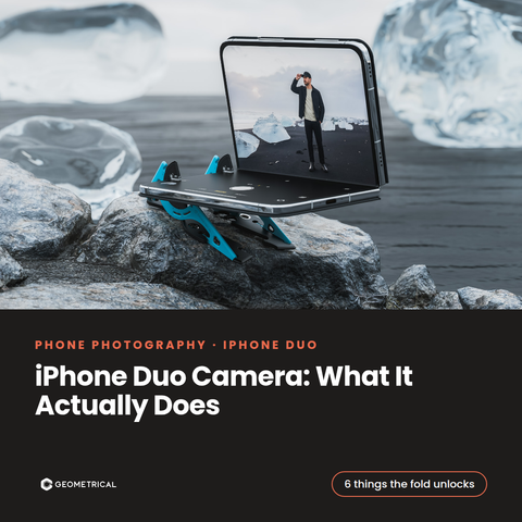An iPhone Duo on a Pocket Tripod PROv2 on a rock by a glacier lagoon, its screen showing the person being photographed