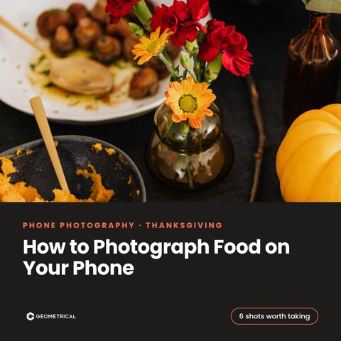 A Thanksgiving table with roasted mushrooms, flowers and sweet potato, for a guide to photographing food on your phone