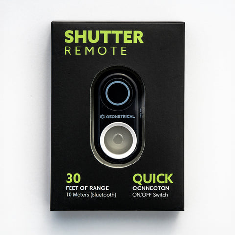 Shutter remote packaging with 'Shutter Remote' branding on a white background
