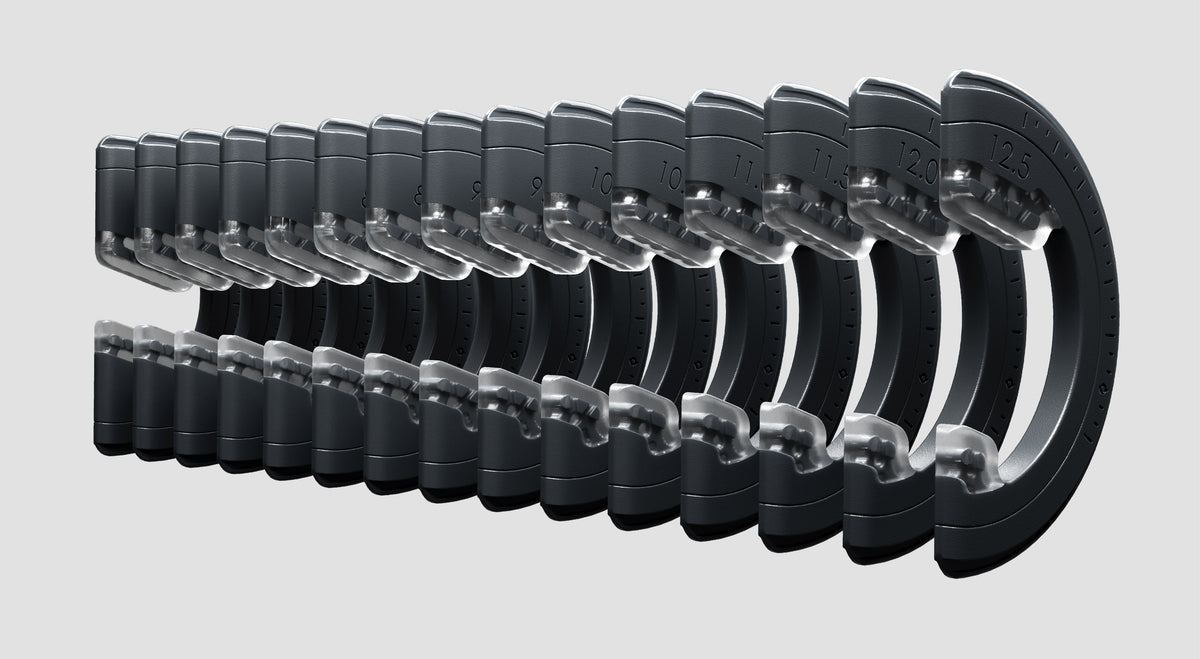 A row of Adapters in graduated sizes, from thinnest to thickest