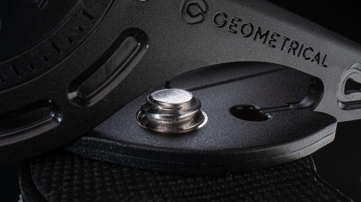 Close-up of a nickel-plated brass 1/4″-20 connector molded into the base