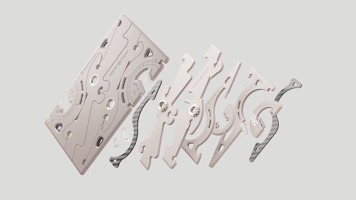 Exploded view of the Pocket Tripod PROv2: bases, legs and Adapters