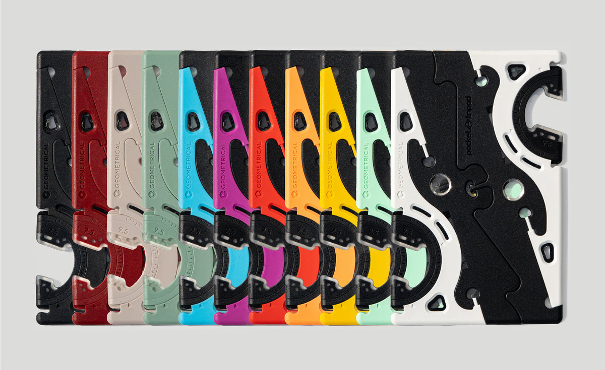 The eleven colors of the Pocket Tripod PROv2 lined up side by side