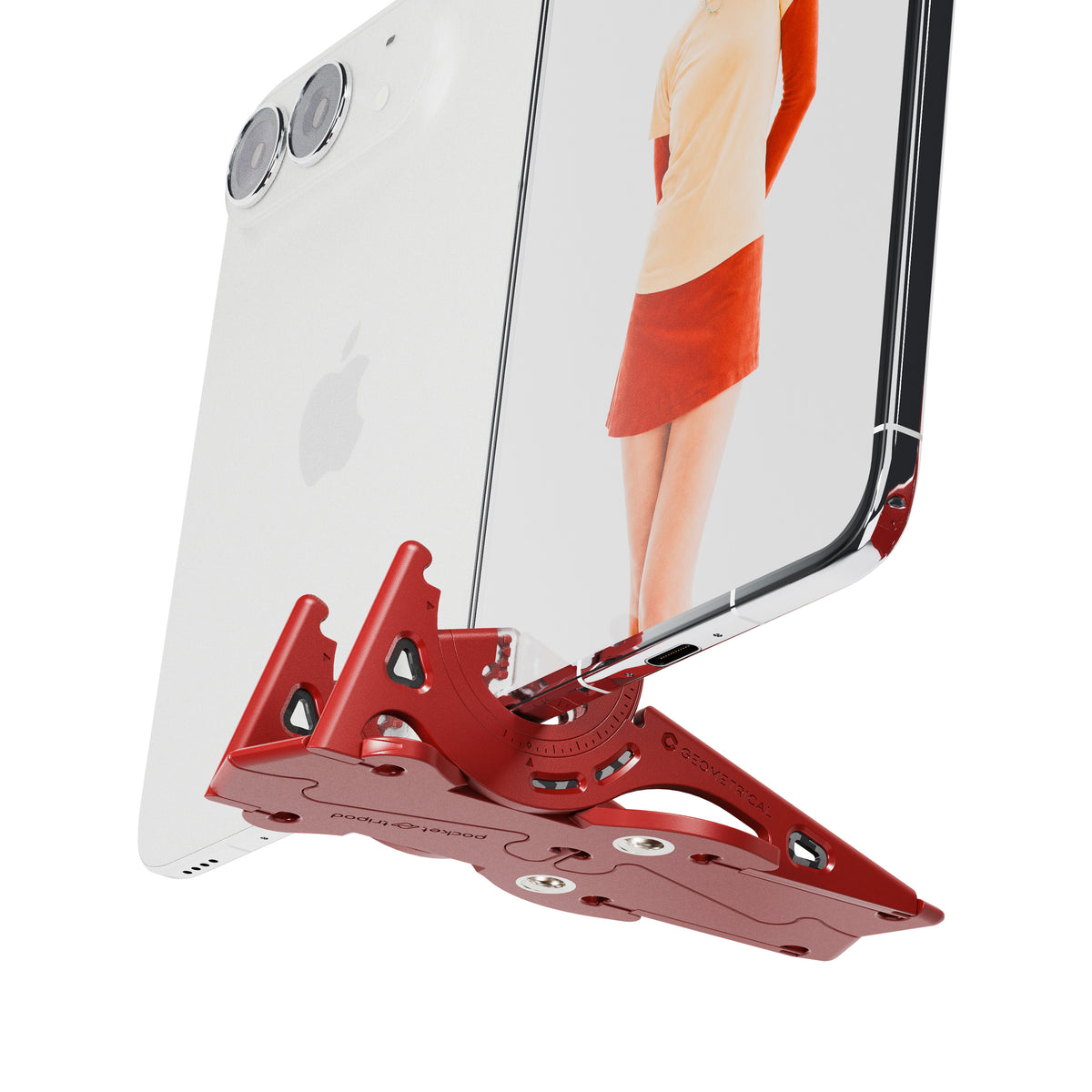 Unfolded iPhone Duo standing on a red Pocket Tripod PROv2