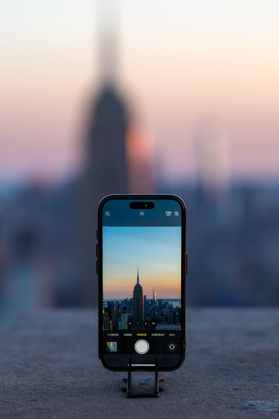 The city at dusk behind