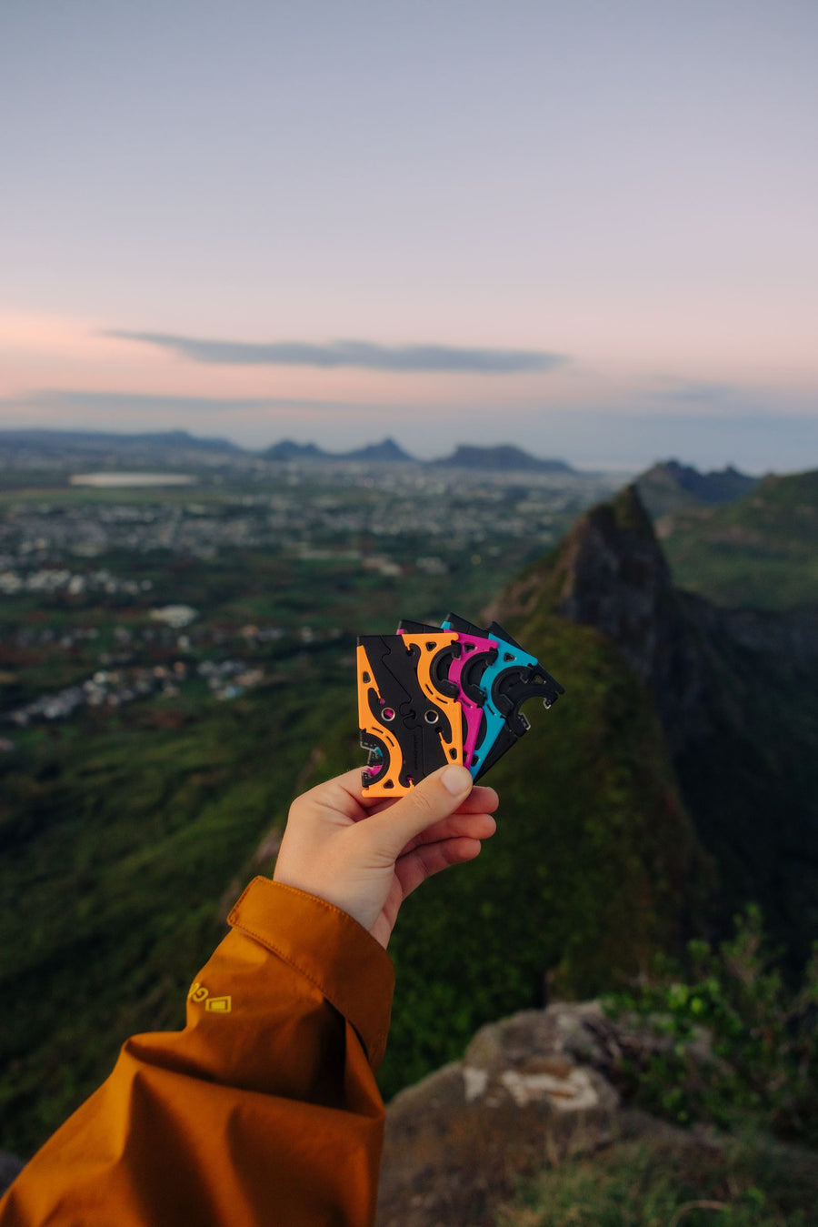 Phone propped with mountains behind